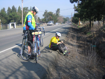 Rob fix a flat on the way to Healdsburg